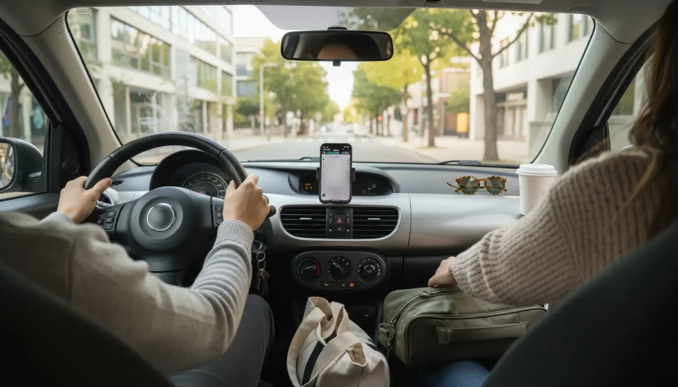 Bilinteriør set fra bagsædet med chaufførens hænder på rattet og en taske klar til en køretur til byen.