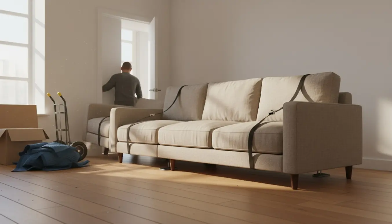 En person fører en lang sofa i tre moduler gennem en smal døråbning med movingstæpper og remme.