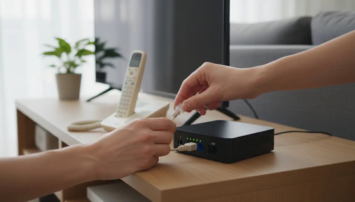 Hænder forbinder en fastnettelefon til en TV-boks/router på et lyst mediebord.