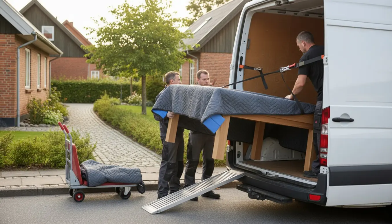 To personer læsser et stort kvadratisk sofabord ind i en varevogn i et dansk boligkvarter.