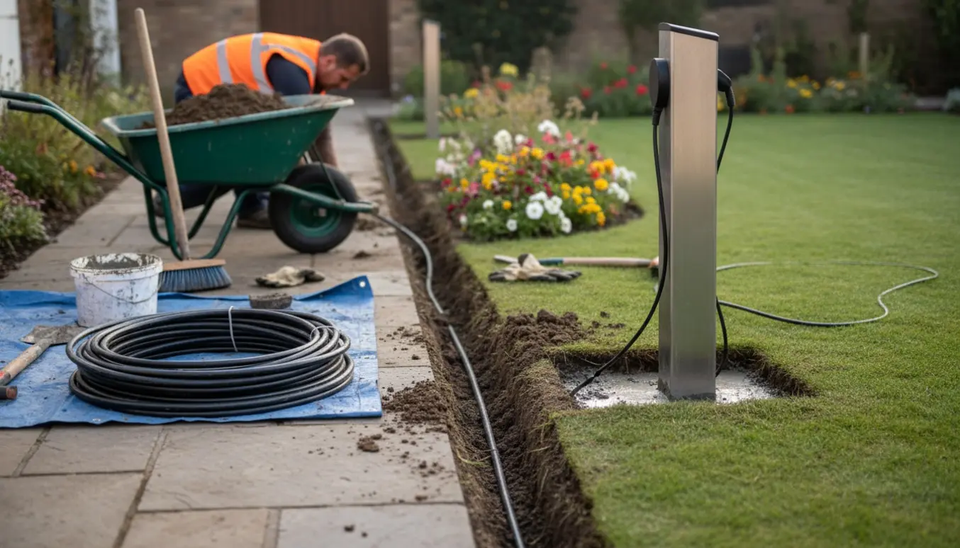 Kabelrende gravet gennem have med materialer og et betonfundament til en ladestander.