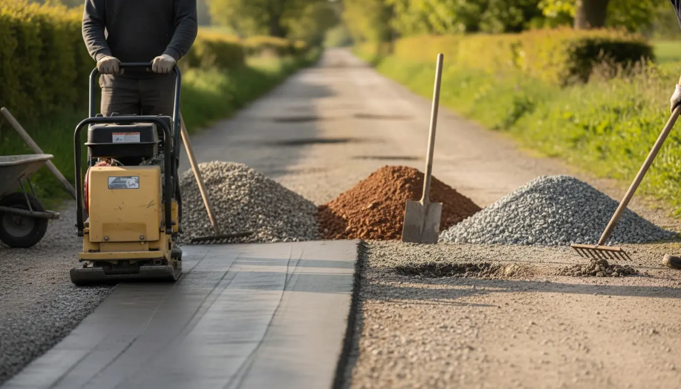 Smuk realistisk foto af smal grusvej under reparation med pladevibrator, trillebør, skovl og bunker af stabilgrus, leret vejgrus og granitskærver.
