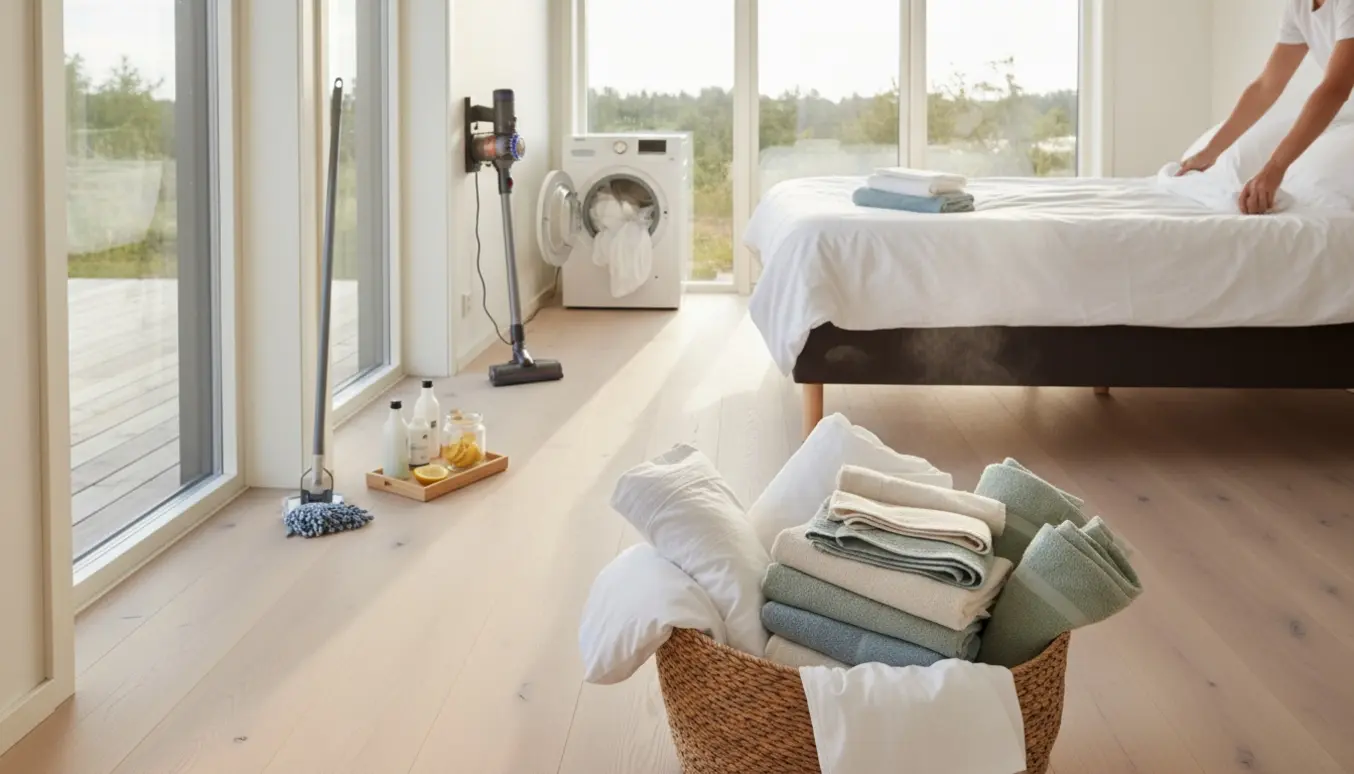Lyst, nybygget sommerhusinteriør med foldede sengetøj og håndklæder i kurv, rengøringsredskaber og åben vaskemaskine.