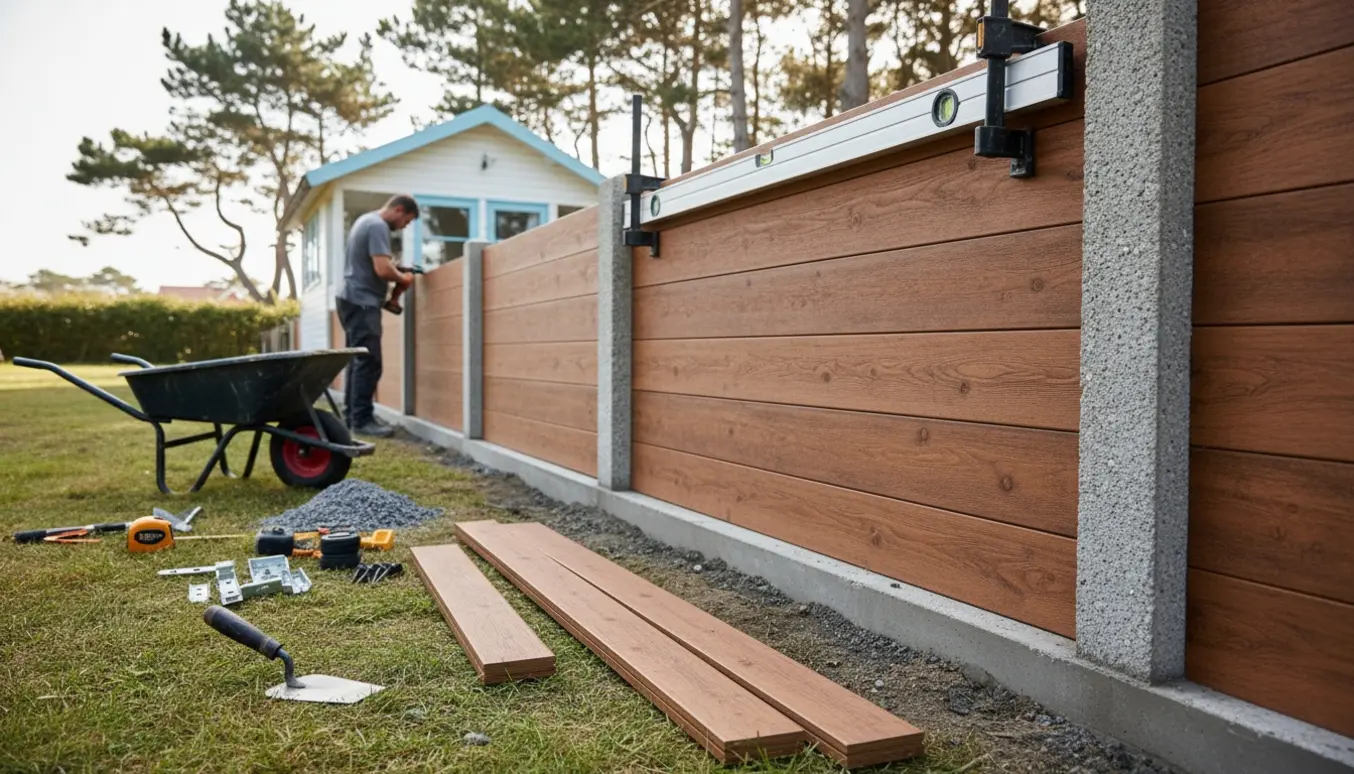 Opsætning af komposithegn på betonstolper ved et sommerhus, håndværker monterer et panel.