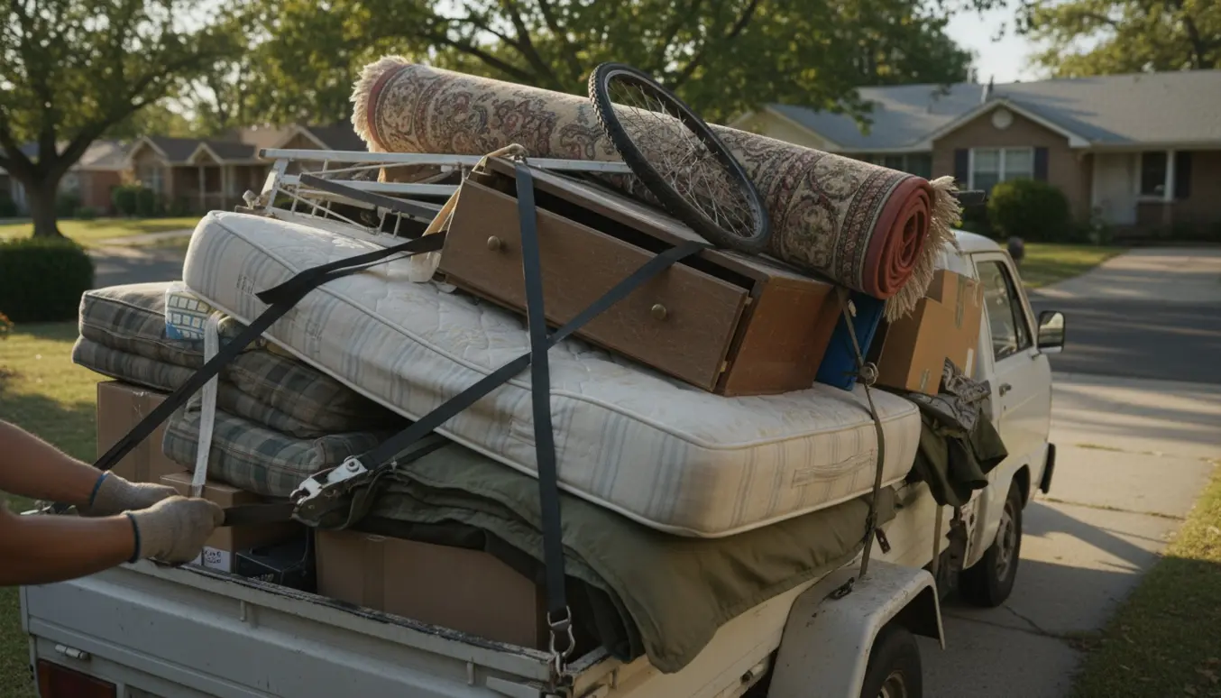 En trailer fyldt med storskrald, hvor en enmandsseng ligger synlig og er spændt fast til bortkørsel.