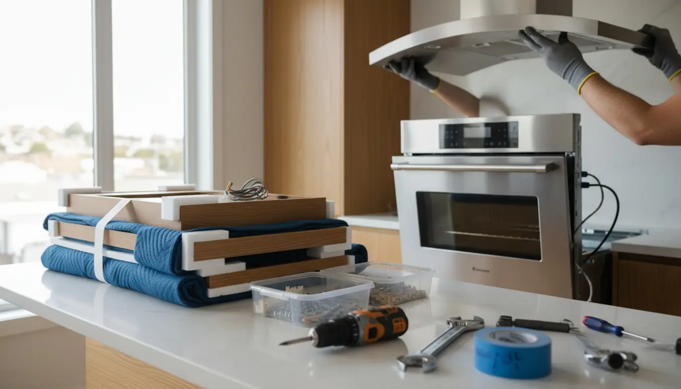 Ovn trækkes ud og emhætte afmonteres, mens skabsdele er pænt pakket til genbrug.