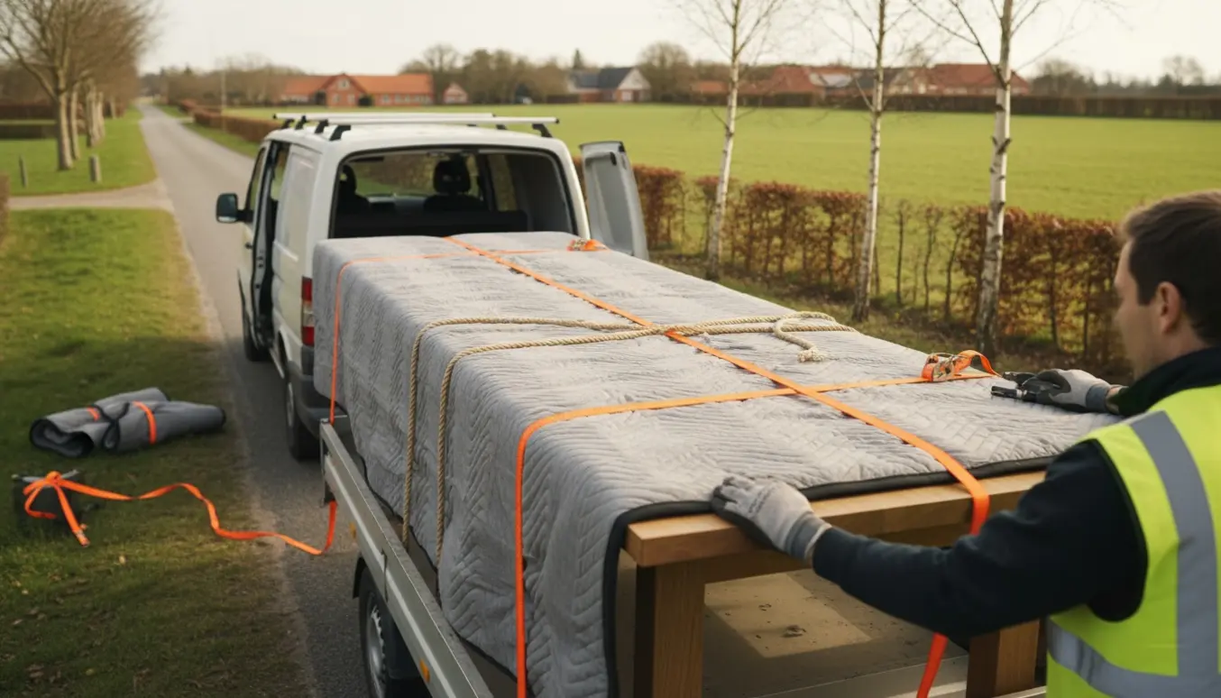 Lang 3 meter bordplade pakket og sikret på en varevogn ved en dansk landevej.