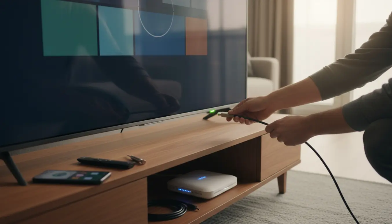 Hænder opsætter et stort fladskærms-tv i en stue med kabler, router og fjernbetjening på et træmøbel.