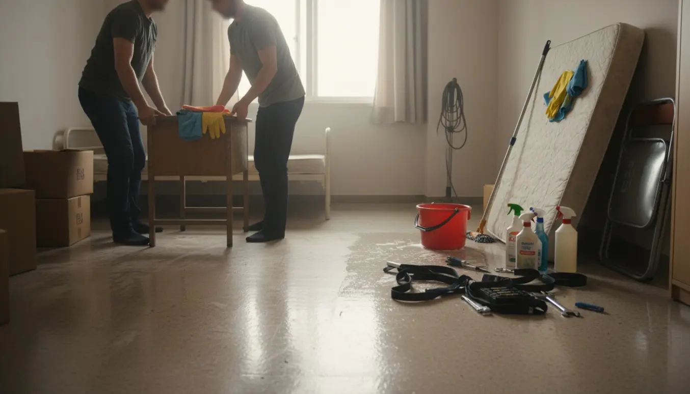 To personer løfter et skrivebord i et kollegieværelse med støvsuger, klude og moppe klar til rengøring.