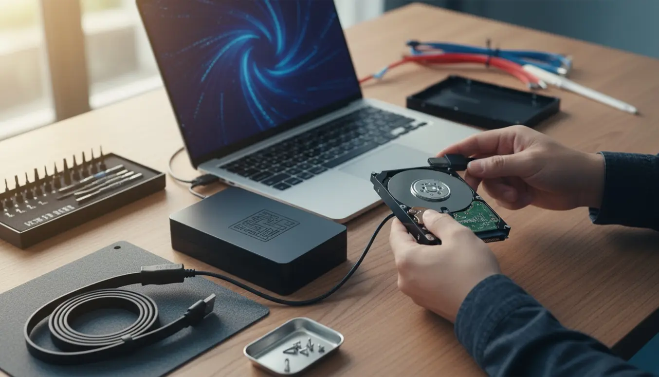 Hænder tilslutter en ekstern harddisk til en bærbar for at genskabe data.