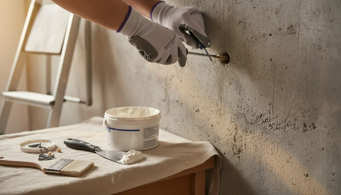 Hænder fjerner skrue og rawlplug fra en betonvæg med trappestige, spartel og filler i nærheden.