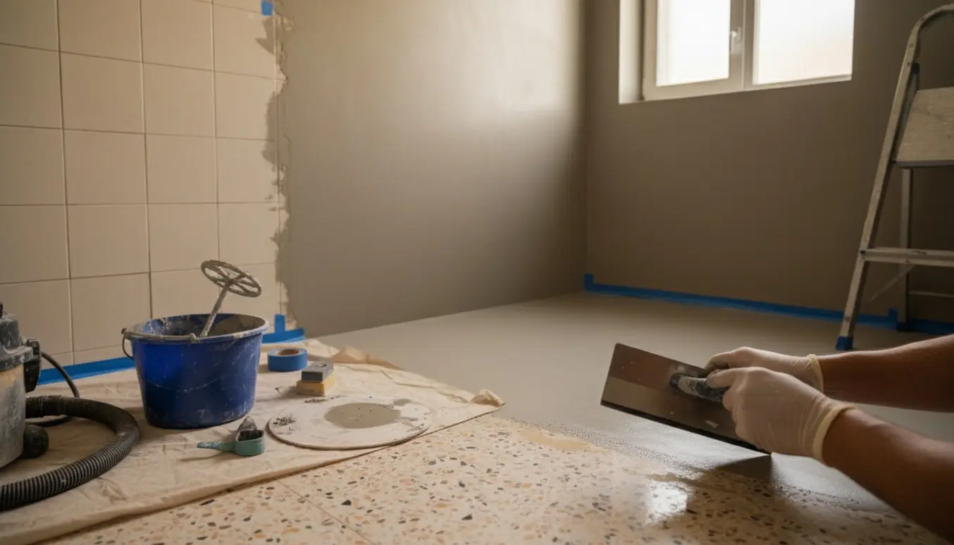 Hænder glatter microcement på flisevæg og terrazzo-gulv i et lyst badeværelse.