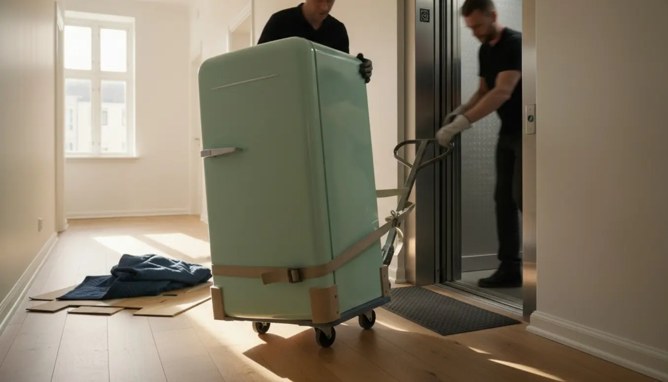 Et retro køleskab på en flyttedolly føres ind i en elevator i en lys opgang, med flytteudstyr og dækkende tæpper.
