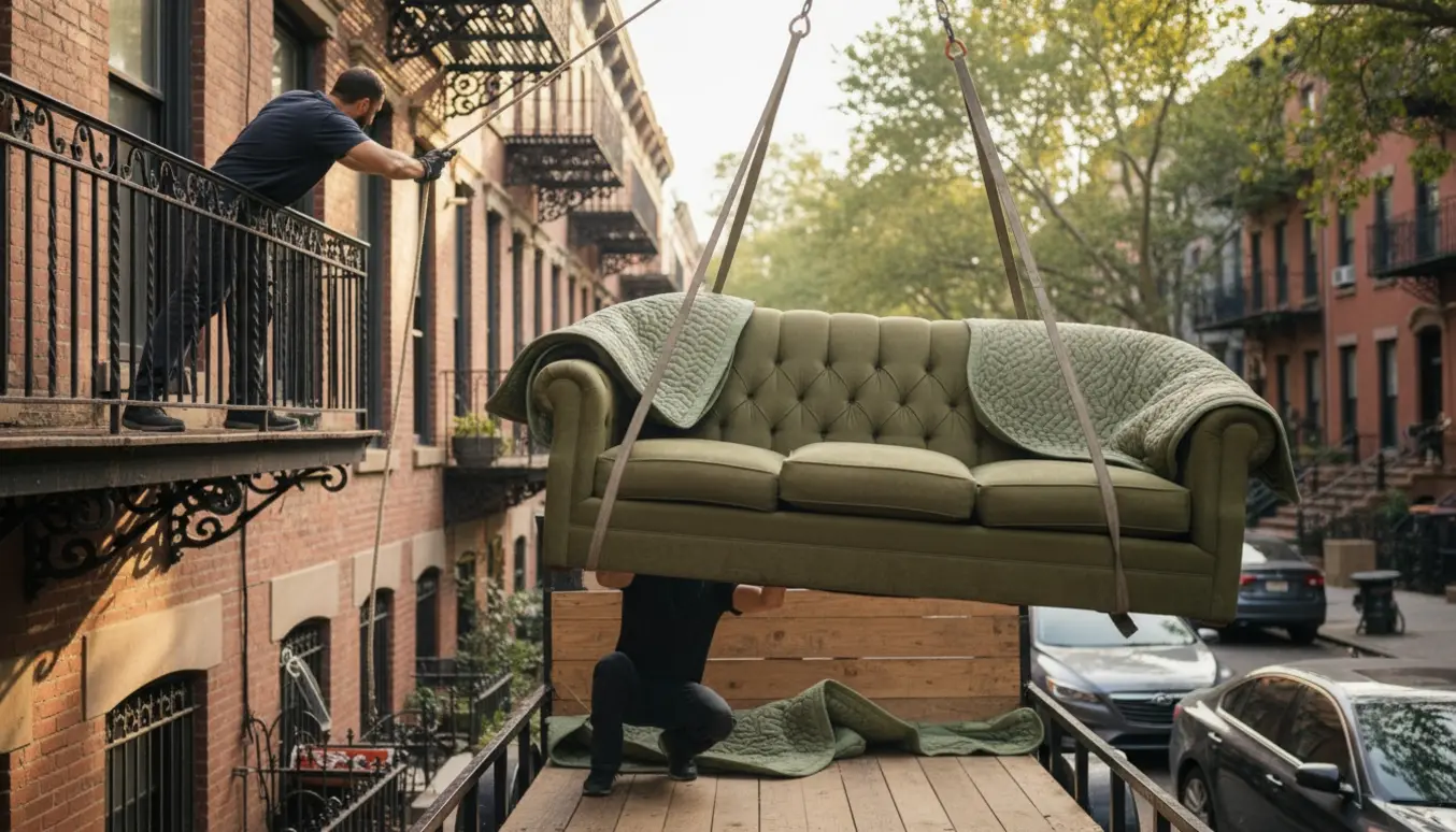 Sofa sænkes fra 3. sal ned på en åben trailer med flytteseler og beskyttelsestæpper.