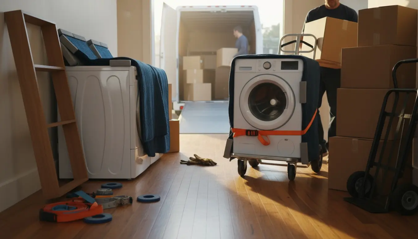 Vaskemaskine og tørretumbler på en flyttevogn ved en åben flyttebil med flyttetæpper og kasser.