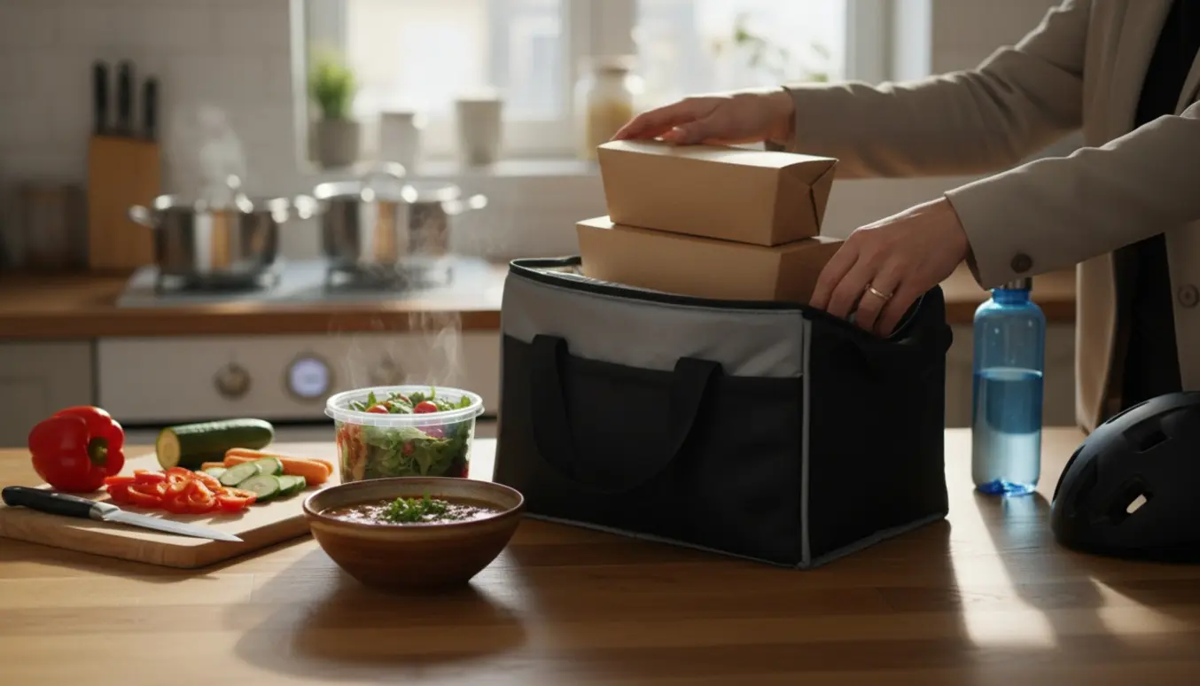 Frisk mad bliver pakket i en termotaske i et solbelyst køkken, klar til levering.