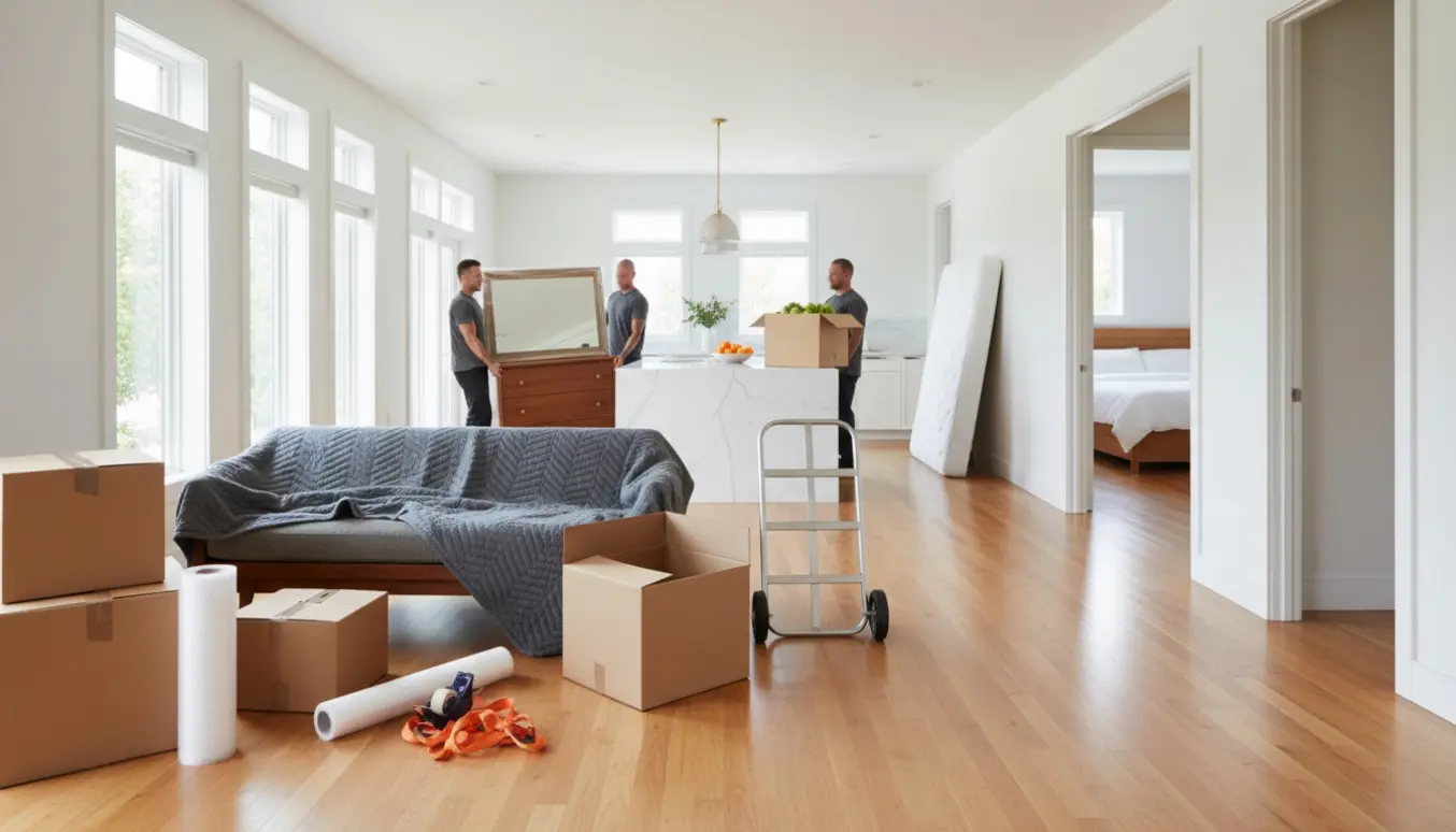 Flyttekasser og møbler i en lys stue og køkken under indflytning, personer med utydelige ansigter.
