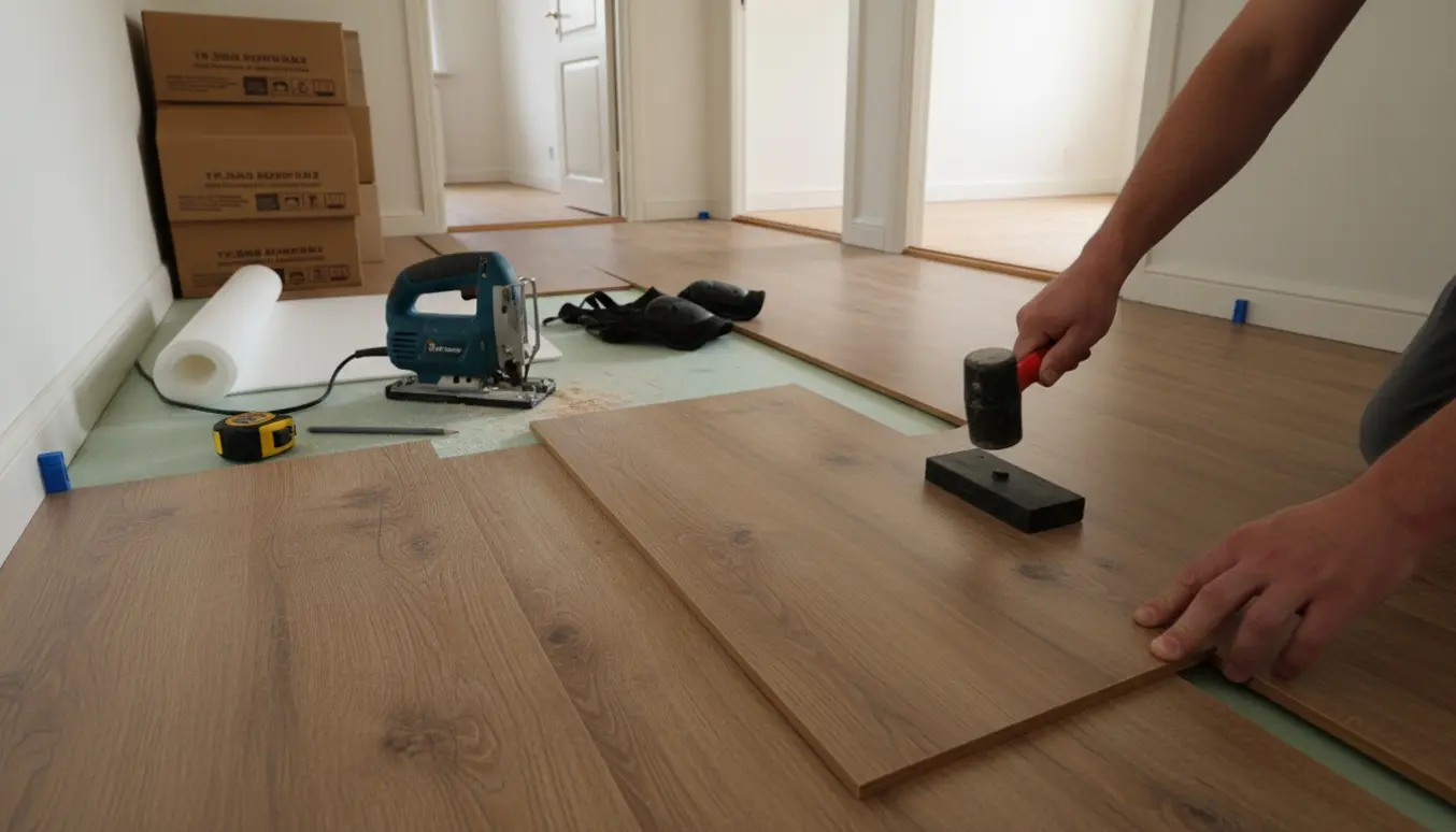 Partielt lagt laminat klikgulv i flere sammenhængende rum med værktøj og underlag klar, fotograferet i naturligt dagslys.