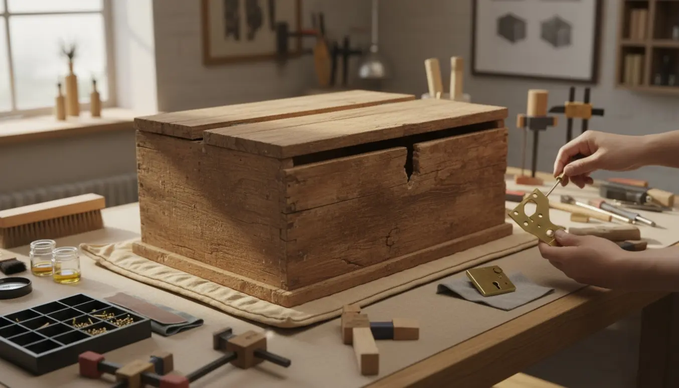Glat, varmt belyst værkstedsbillede af en gammel trækiste med løst hængsel og restaureringsværktøj på et bord.