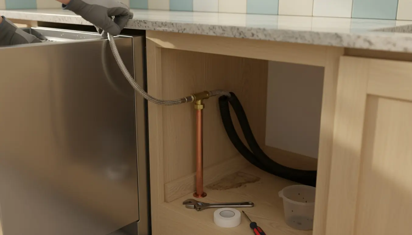 Nærbillede af montering af opvaskemaskine under køkkenbord med synlige vandtilslutninger og værktøj.