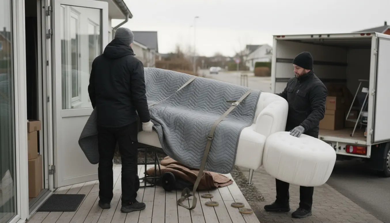 Hvid chaiselong-sofa og puf bæres forsigtigt ud af et hus og læsses i en flyttebil, uden ansigter synlige.
