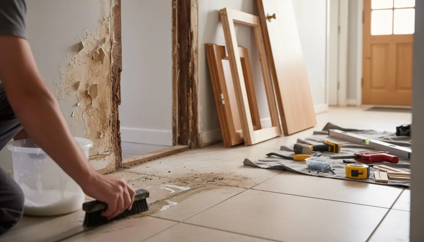 Håndværker renser misfarvet fugemasse og udskifter vandskadet indvendig dør i en lys gang.