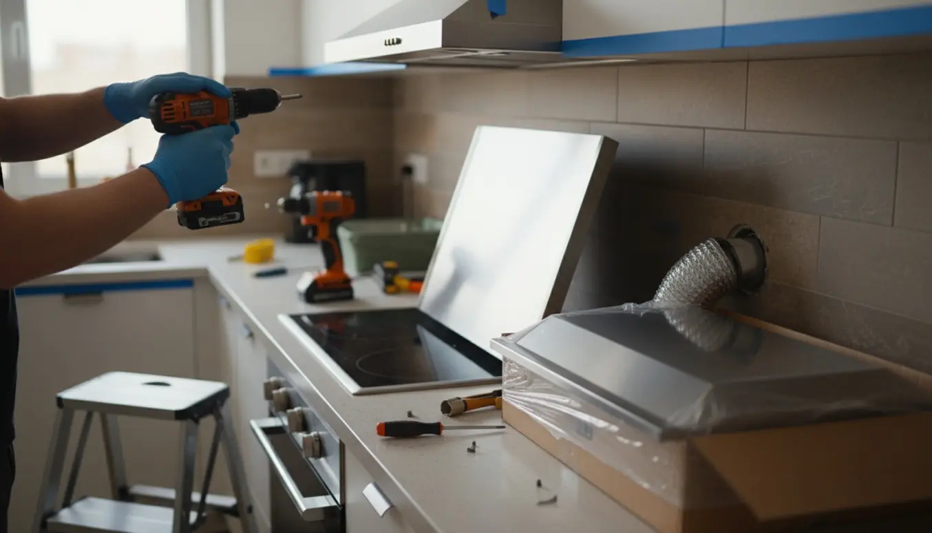 Hænder installerer en ny rustfri emhætte i et moderne køkken med værktøj og åbent aftræk.