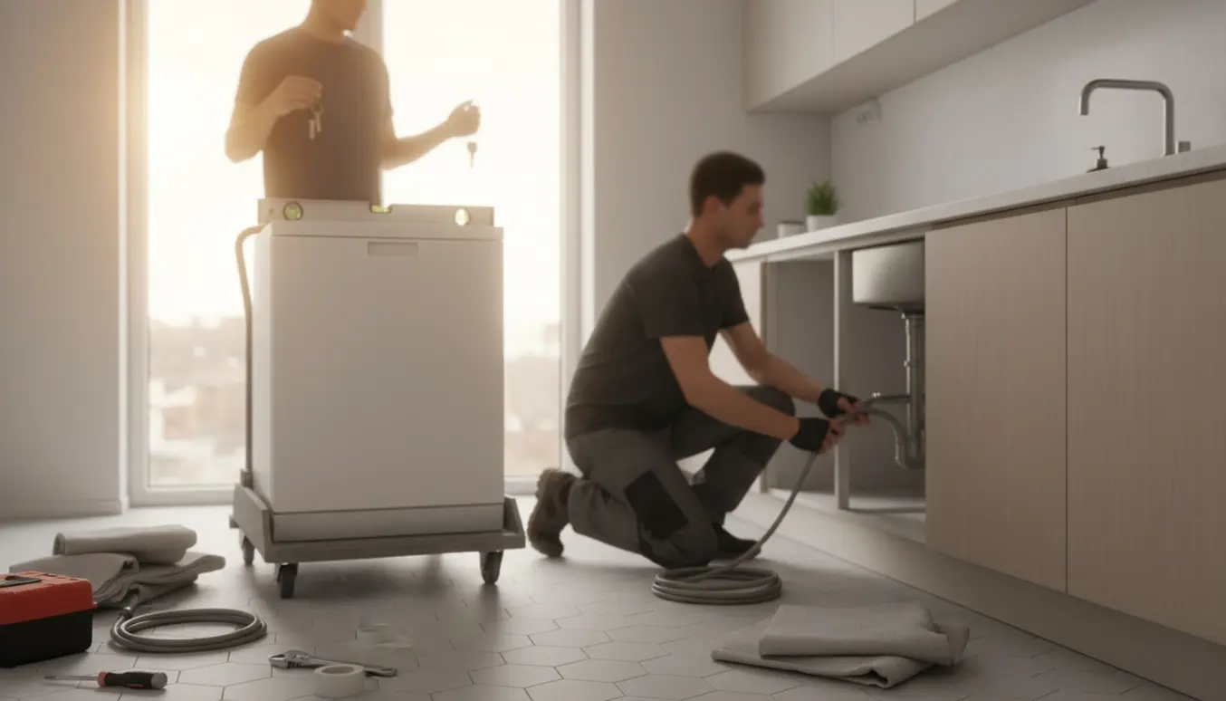 Opvaskemaskine på flyttedolly installeres i et lyst rækkehuskøkken med værktøj og nøgler på bordet.