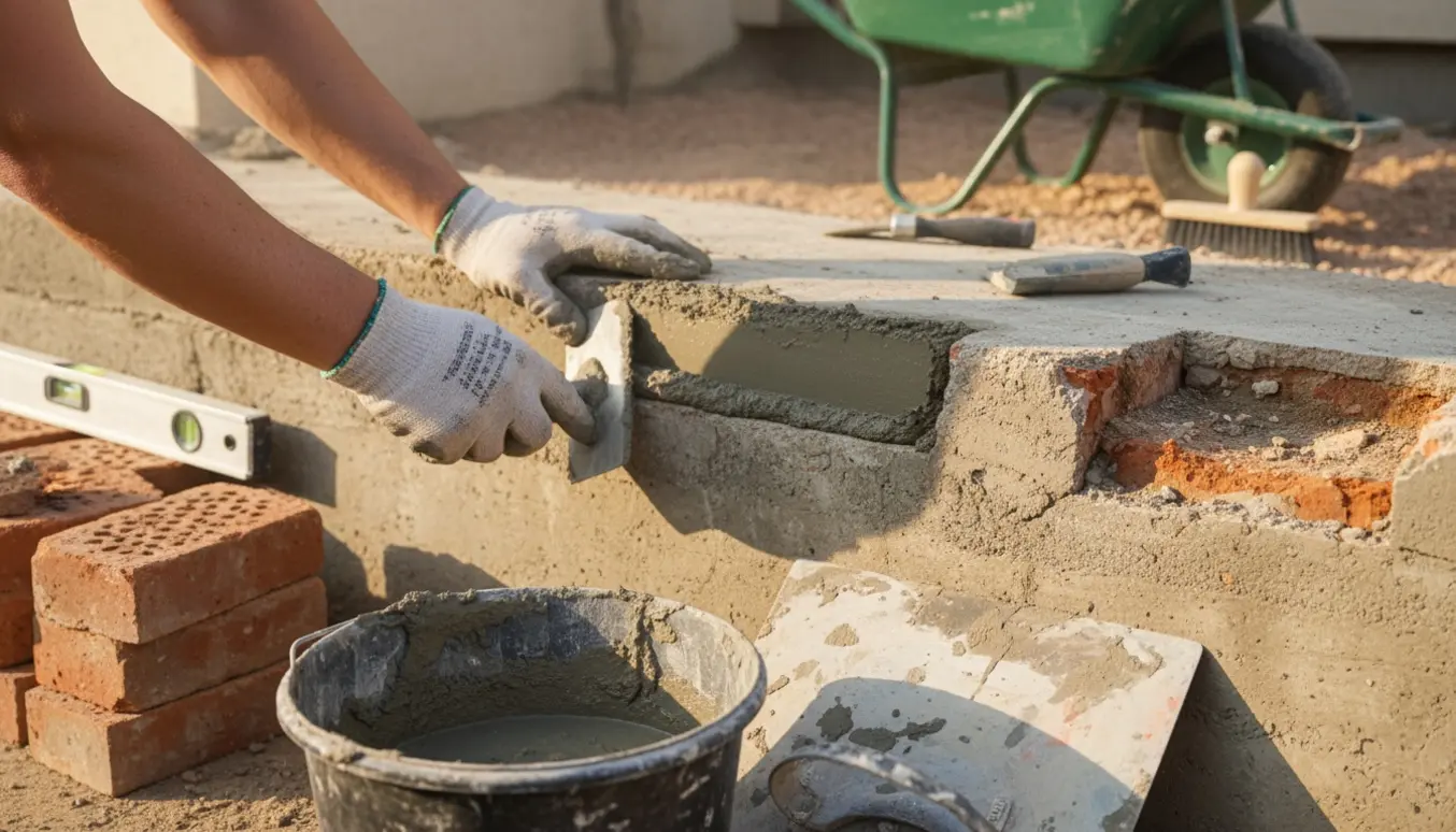 Nærbillede af hænder, der færdiggør to ufuldendte sokkelreparationer med murske og frisk mørtel.