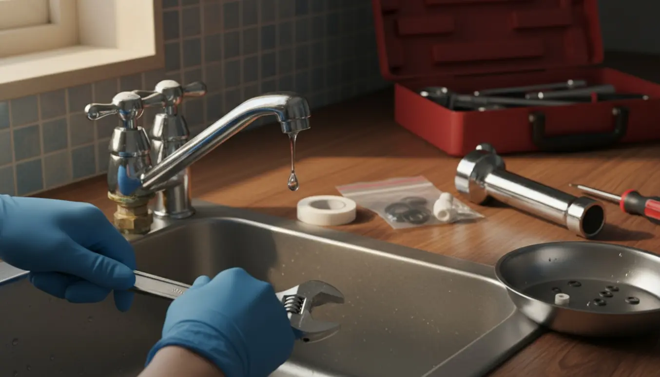 Nærbillede af hænder, der reparerer eller skifter et krom blandingsbatteri ved køkkenvask med dryppende varmtvand og værktøj.