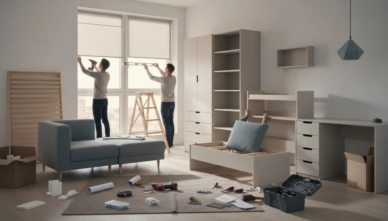 Et lyst hjem med delvist samlede møbler, værktøj, trappestige og personer, der monterer persienner og hylder.