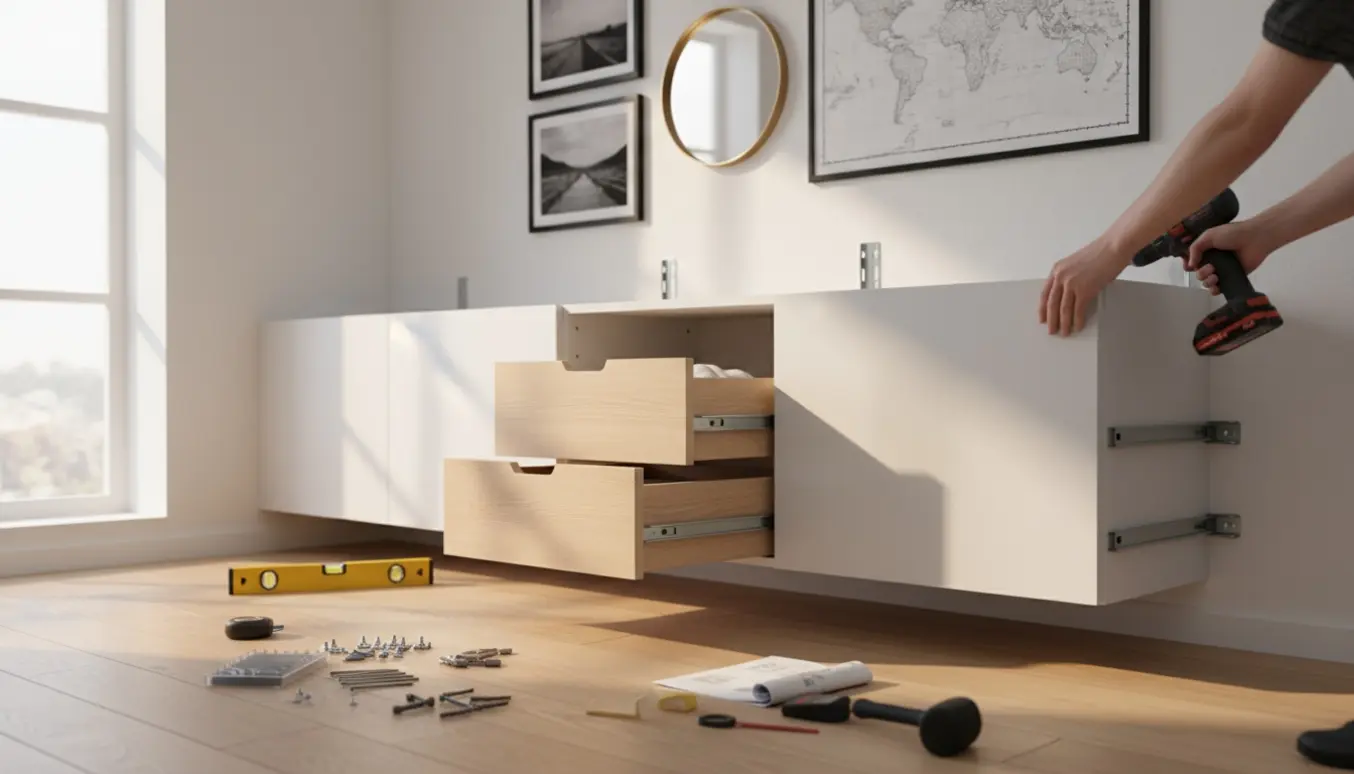 Samling af et IKEA-skab med tre skuffer, hængte billeder, et lille spejl og et verdenskort på væggen.