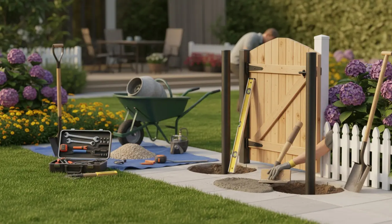 Frisk støbt havelåge-stolpe i forhaven med værktøj og ny låge klar til montering.