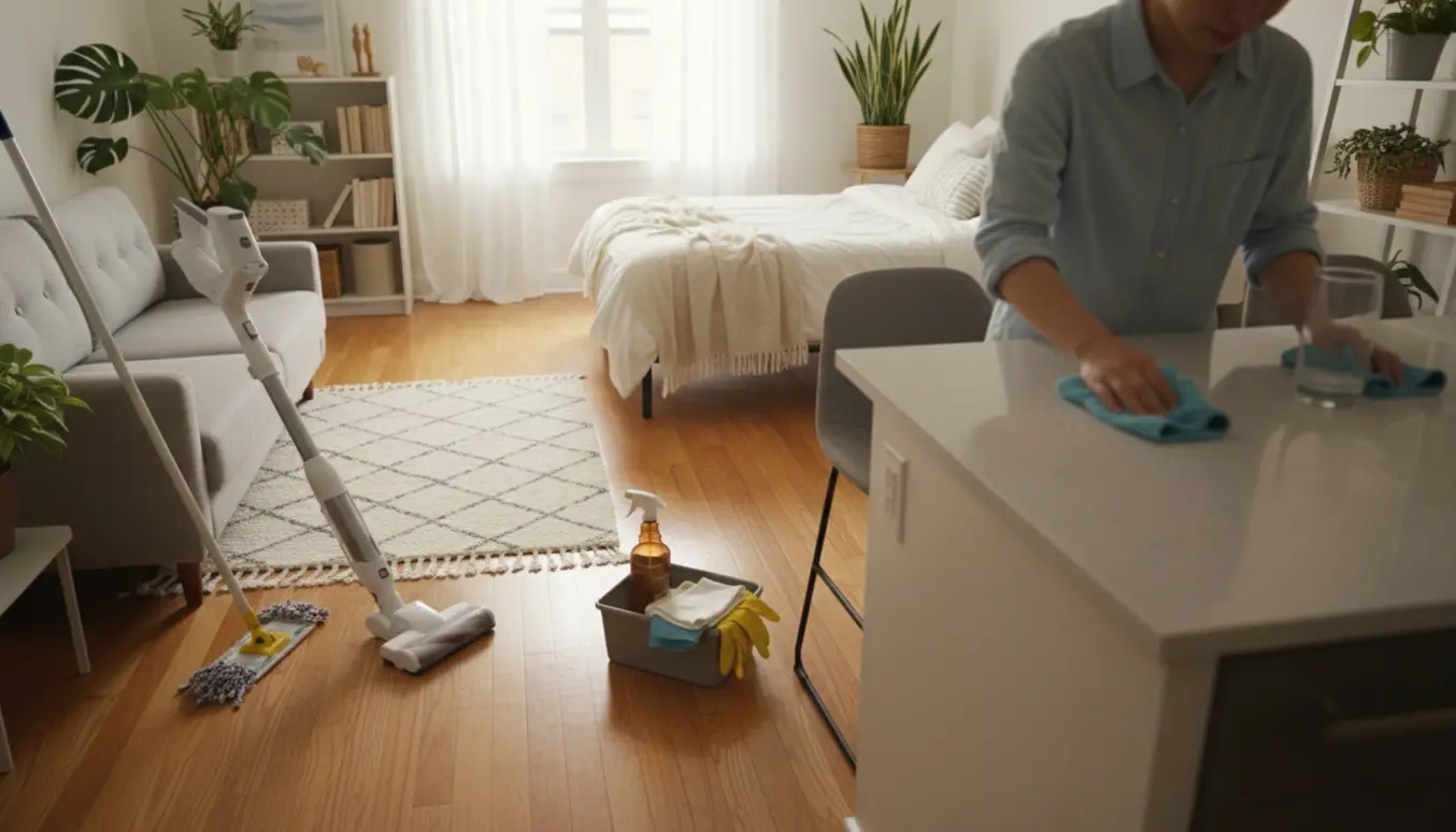 Lys toværelses lejlighed under rengøring med støvsuger, klud og rengøringskasse.