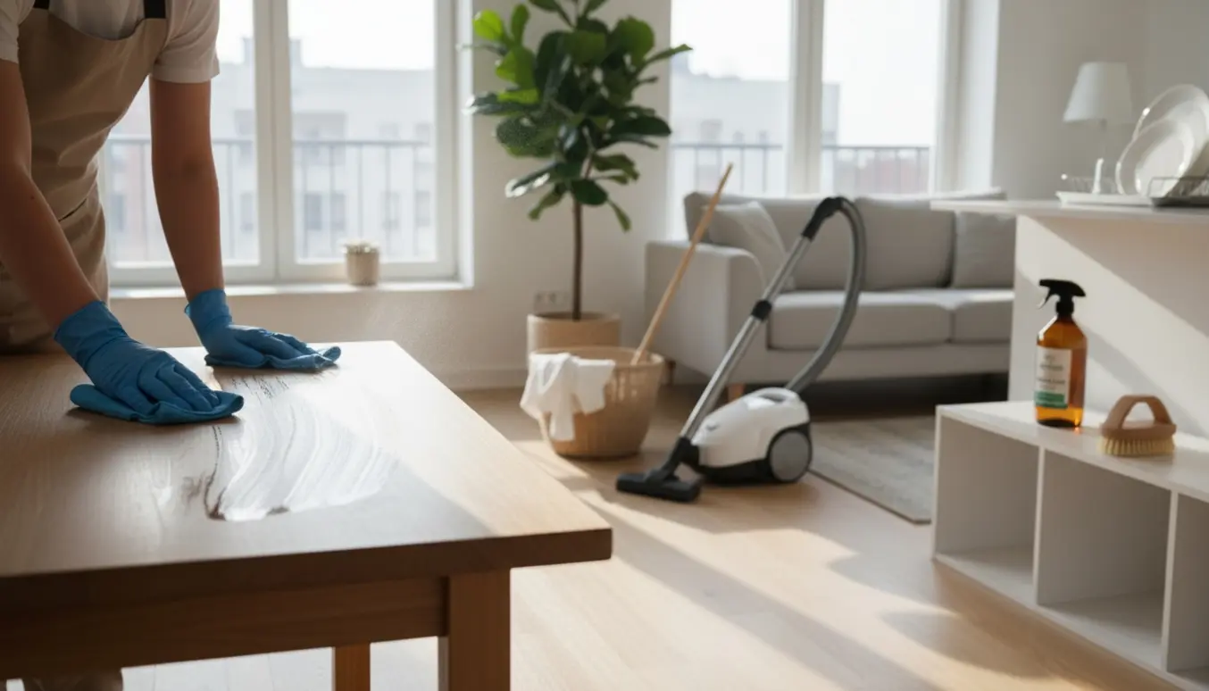 Hænder tørrer et lyst træbord i en solbeskinnet stue med rengøringsspand og støvsuger i baggrunden.