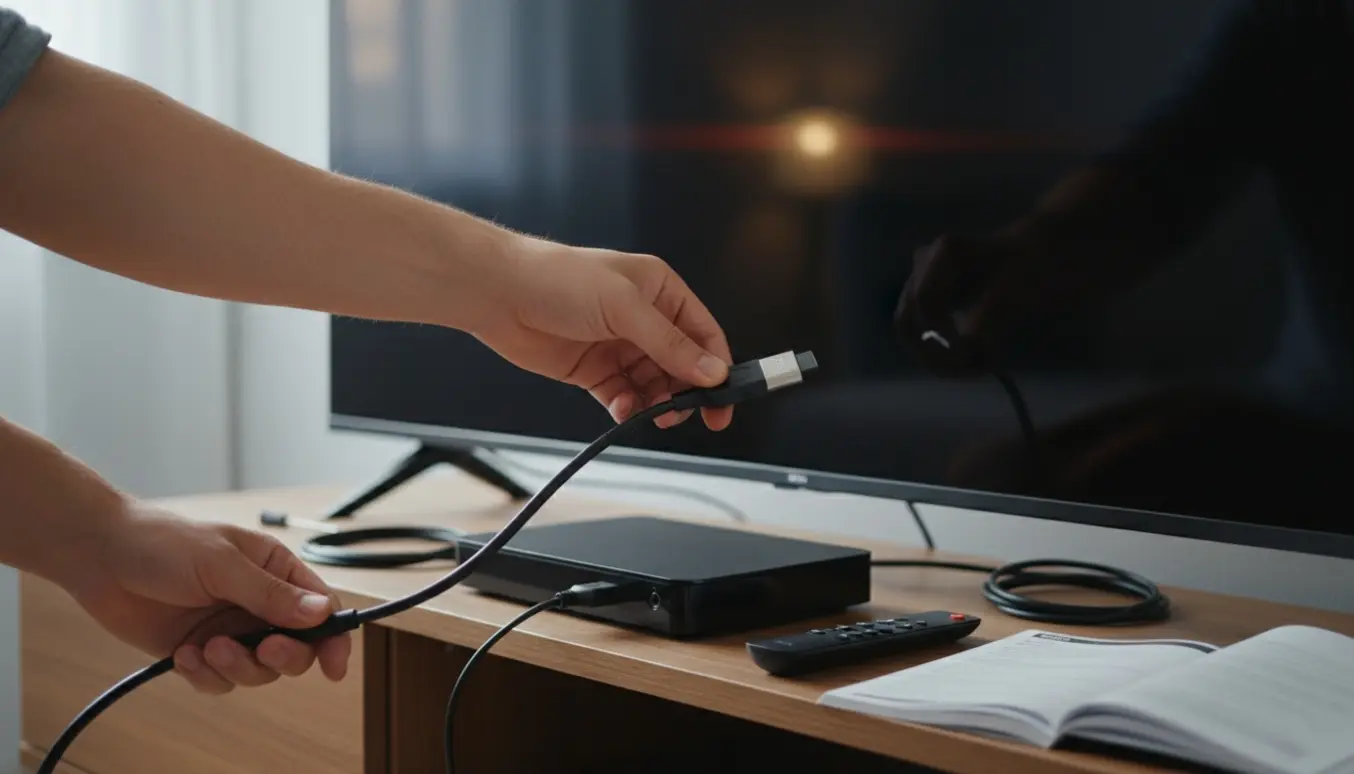 Hænder tilslutter et HDMI-kabel fra en ny TV-boks til bagsiden af et TV med skærmen slukket.