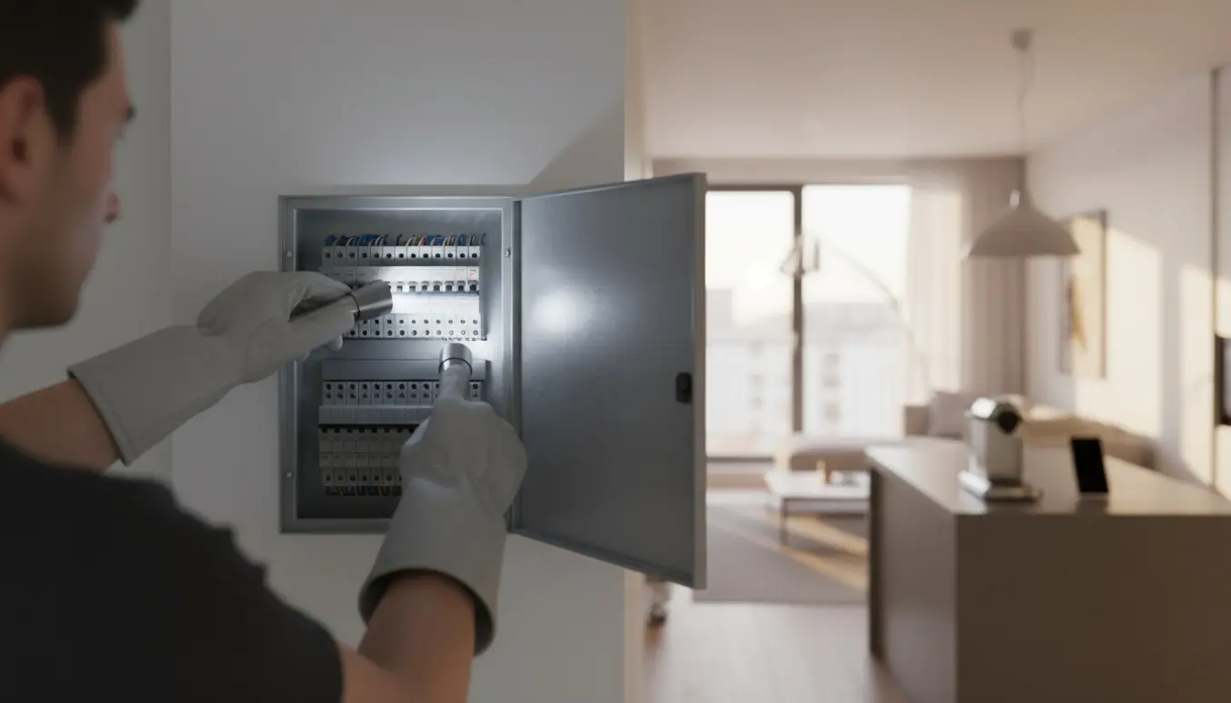 På en åben eltavle lyser en person med handsker på HPFI-relæet, mens nogle lamper i lejligheden er slukkede.