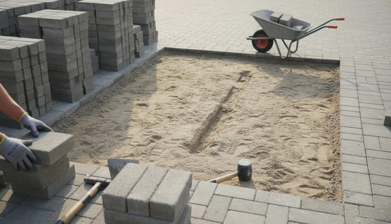 Stakke af fjernede portfliser ved et åbenlagt areal med værktøj og udsat sandbund, klar til genlægning.