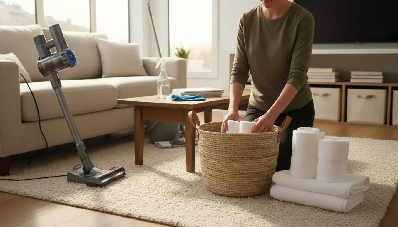 Hænder folder vasketøj i en kurv i en solfyldt, ryddet stue med rengøringsmidler og organiserede hylder.