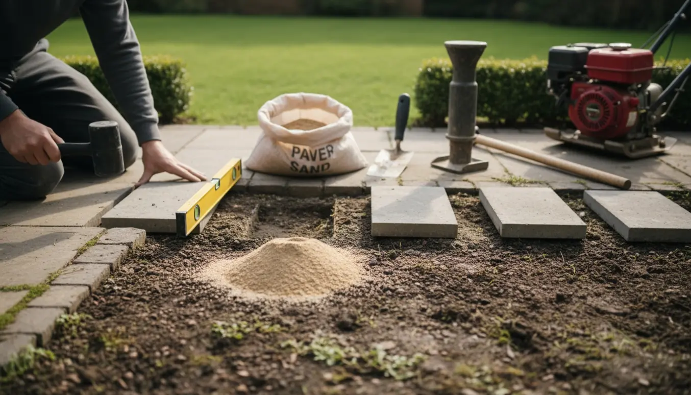 Nærbillede af genplacering af fem fliser ved en havegang med brolæggersand og stampemaskine.