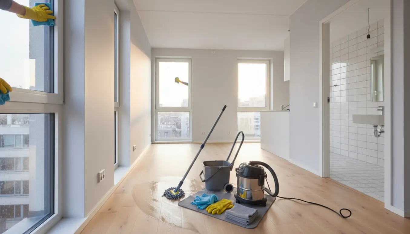Et professionelt rengøringssetup i en tom lejlighed med en person iført handsker, der pudser vindue og mopper gulvet.