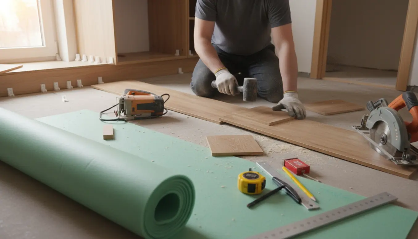 Hænder lægger nyt klikgulv i et lille køkken med underlag, værktøj og tre gamle planker under skabene.