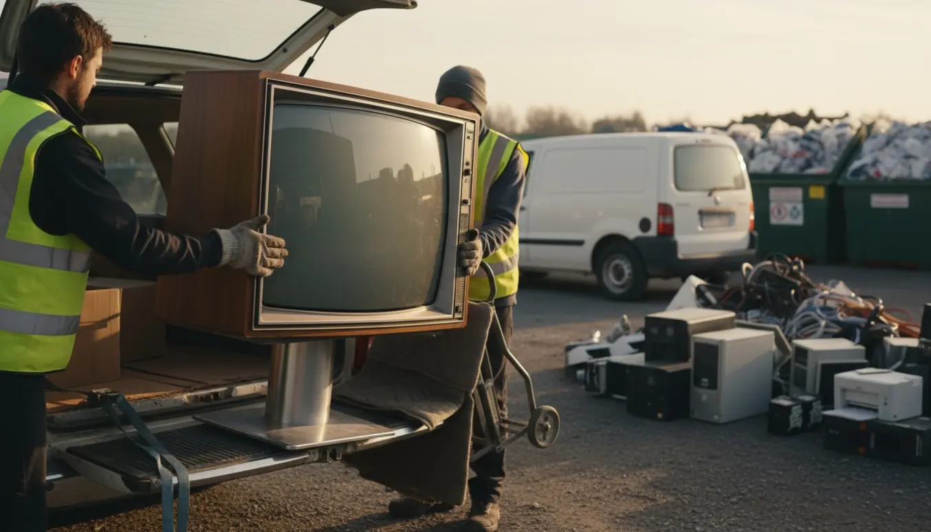 Et gammelt billedrørsfjernsyn løftes ind i en åben stationcar ved en genbrugsplads, med handsker og flytteudstyr i fokus.