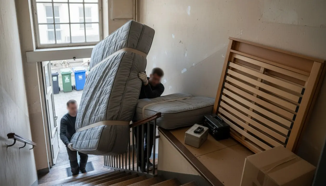 To flyttefolk bærer en stor 140x200 madras og afmonteret seng ned ad en trappe mod en åben varevogn klar til genbrug eller storskrald.