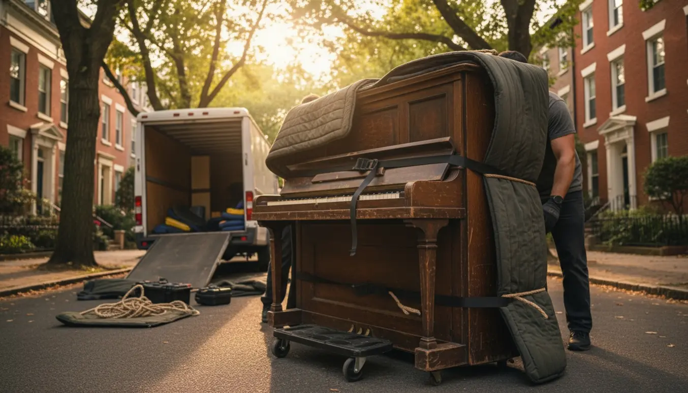 Et gammelt opretstående klaver pakket i flyttetæpper foran en varevogn, klar til transport.