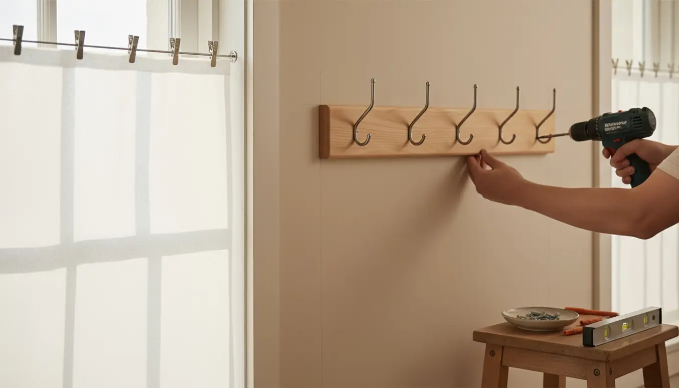 Hænger rispapirgardiner op ved vinduet og monterer en træk knagerække med boremaskine og rawlplugs.