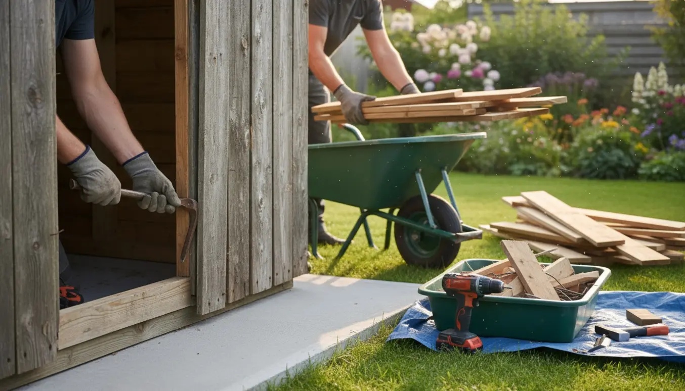 Hænder med koben fjerner brædder fra et gammelt skur, mens fundamentet forbliver intakt.