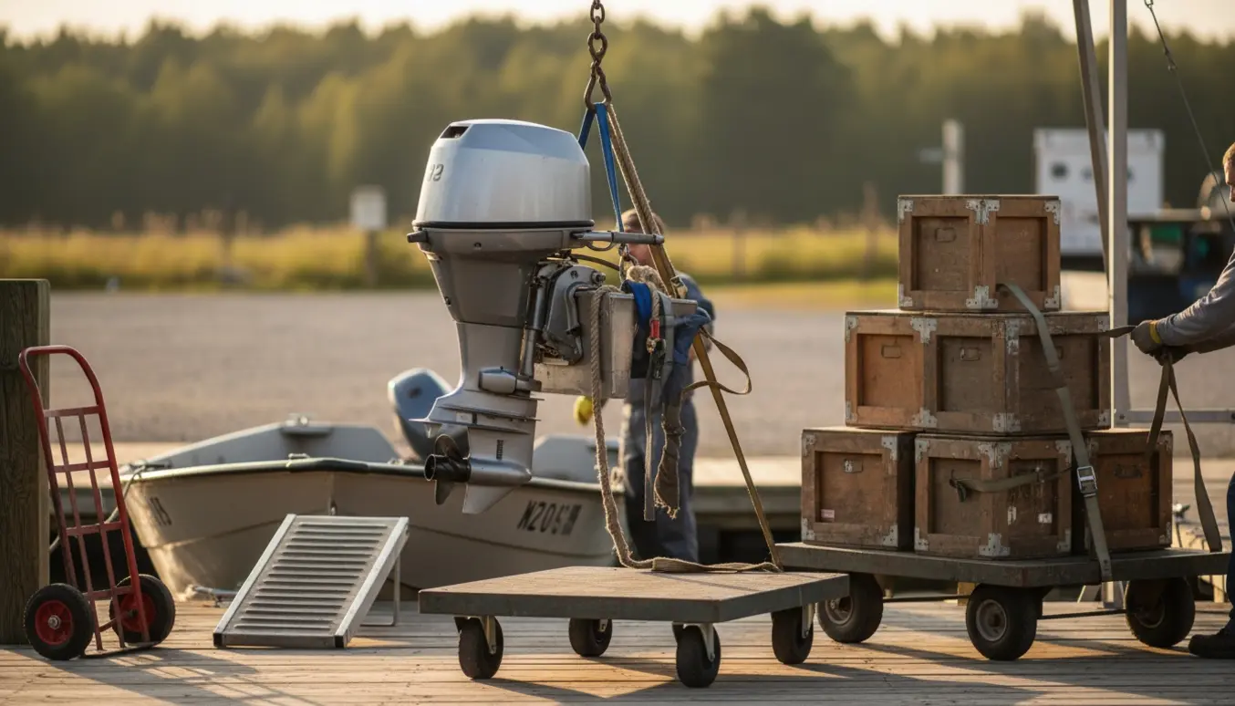 Tung påhængsmotor løftes fra båd på en havnebro mens fire trækasser står på flyttekareter.
