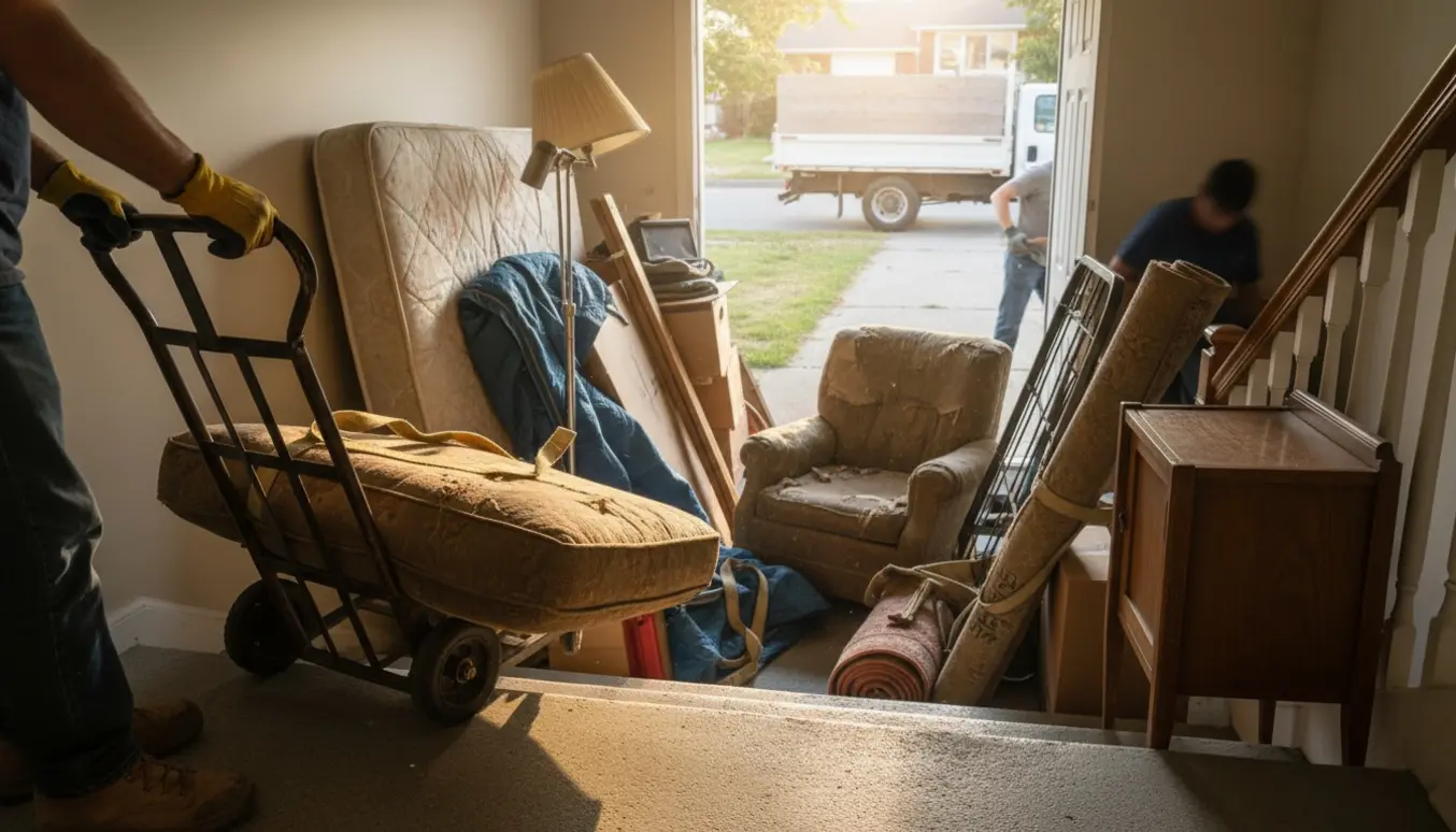 Møbler og storskrald bæres op fra en kælder og læsses på en lastbil.