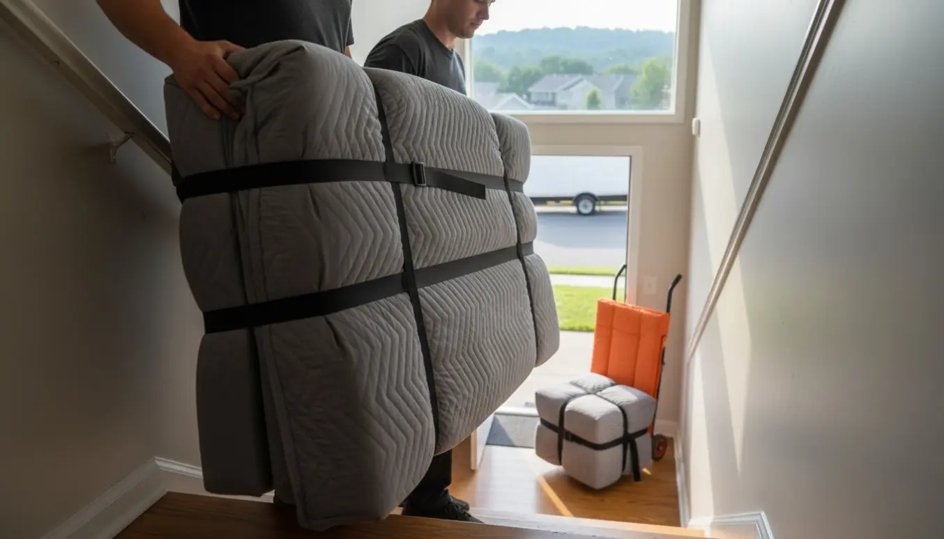 Sovesofa og puf bæres ned ad en opgang og gøres klar til at blive lastet i en flyttebil.